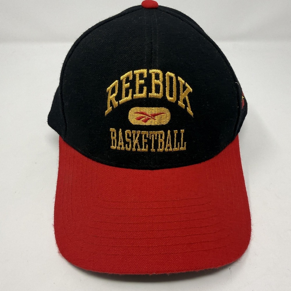 Vintage Reebok Basketball Hat Cap Snap Back Black Red Wool Embroidered Mens 90s